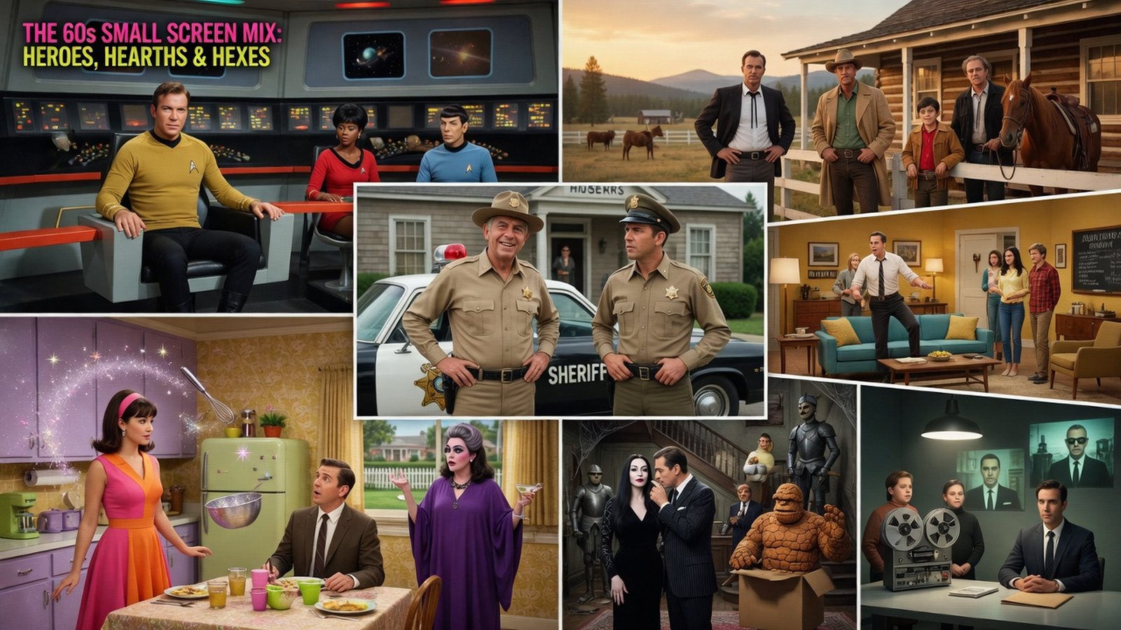 Editorial collage of 1960s television — mashup of era-defining show aesthetics