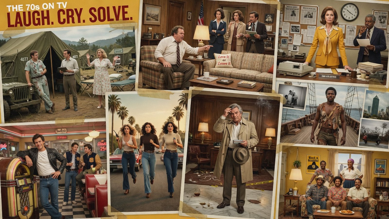 Editorial collage of 1970s television — mashup of era-defining show aesthetics