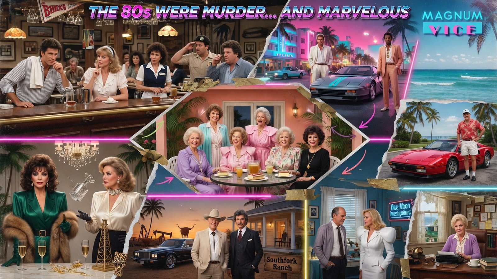 Editorial collage of 1980s television — mashup of era-defining show aesthetics
