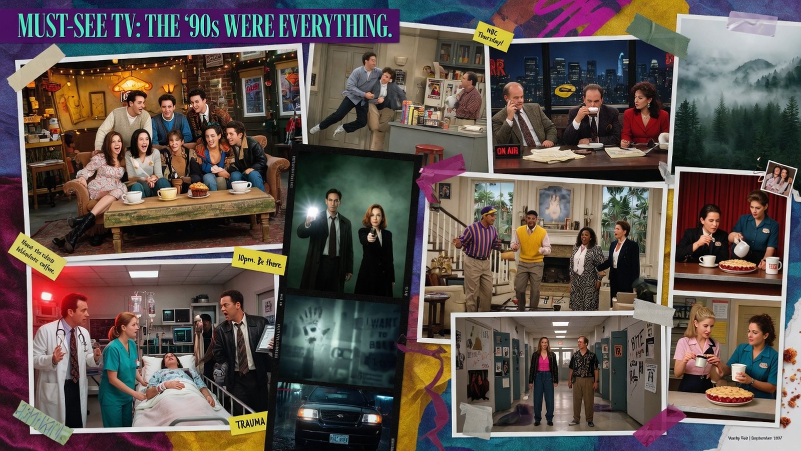 Editorial collage of 1990s television — mashup of era-defining show aesthetics