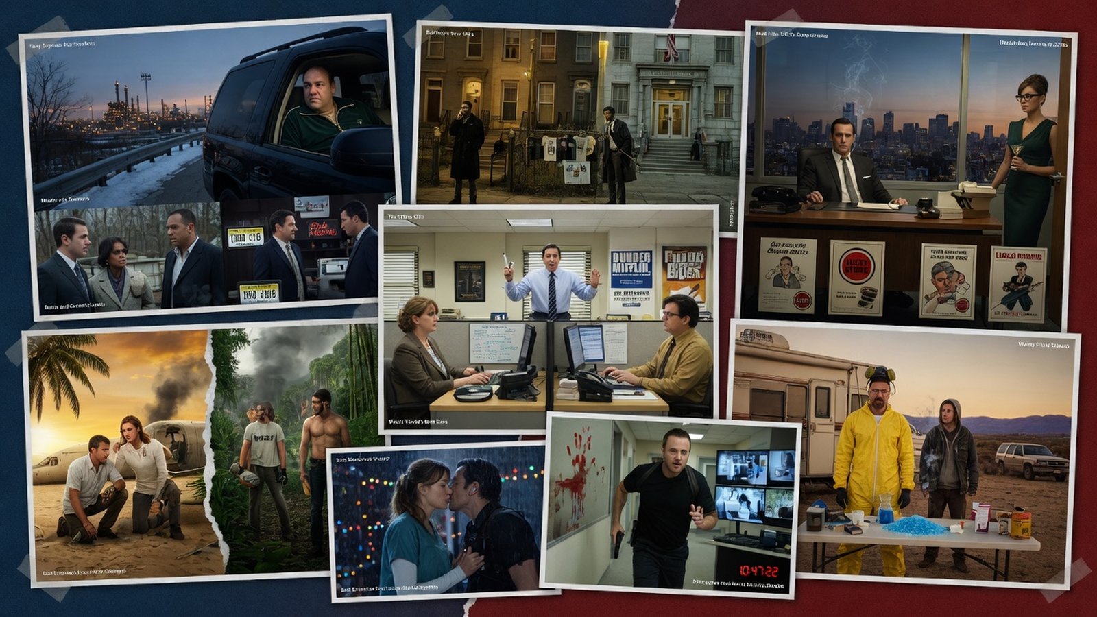 Editorial collage of 2000s television — mashup of era-defining show aesthetics