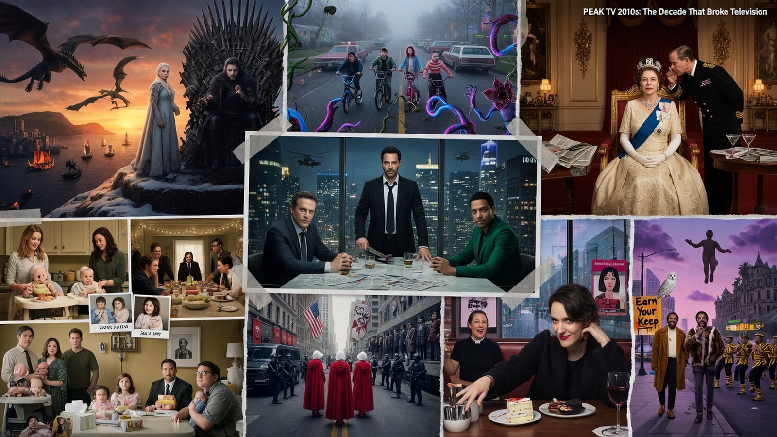 Editorial collage of 2010s television — mashup of era-defining show aesthetics