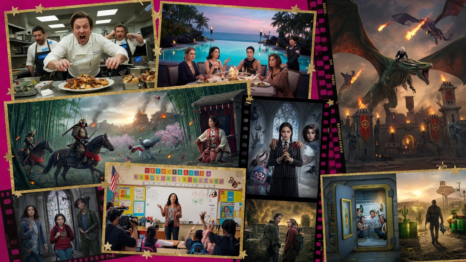 Editorial collage of 2020s television — mashup of era-defining show aesthetics