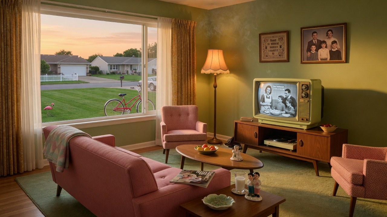 Suburban Myth Machine — cultural era collage